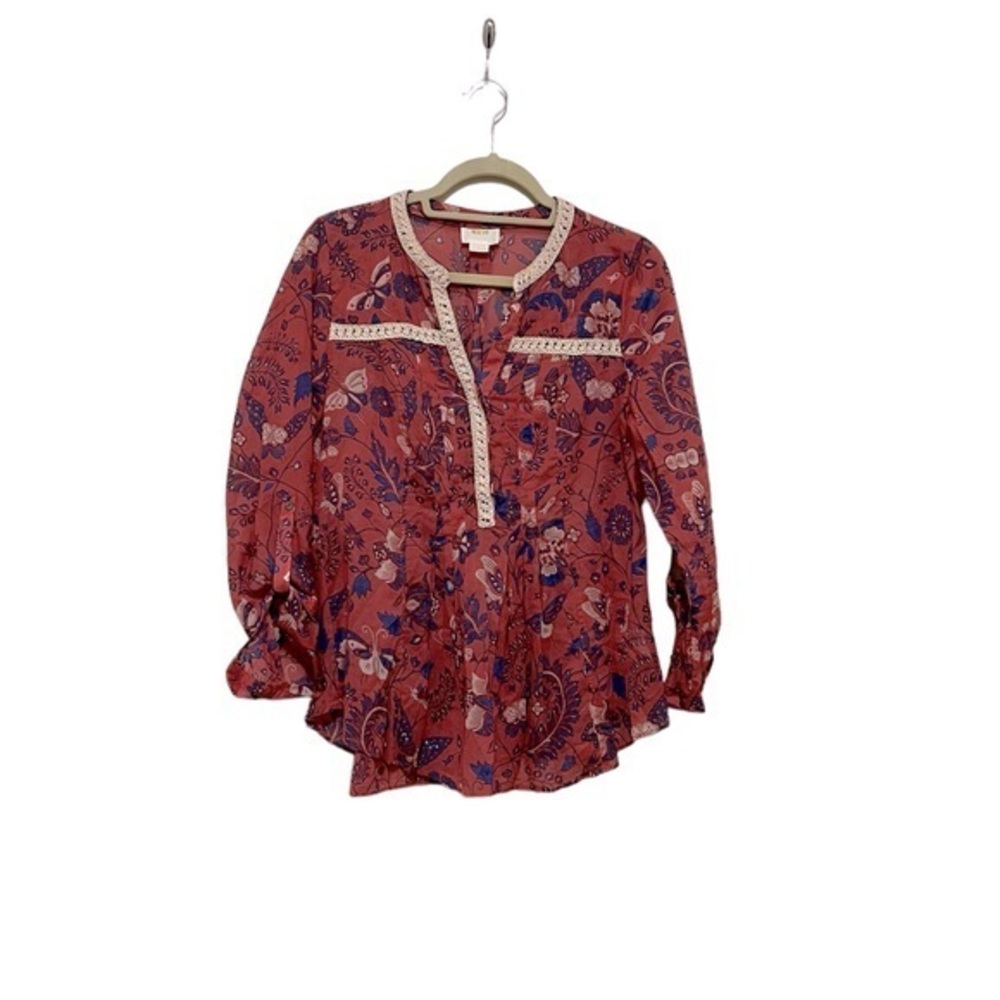 Anthropologie Maeve Rose Pink & Blue Floral Long Sleeve Crocheted Trim Top